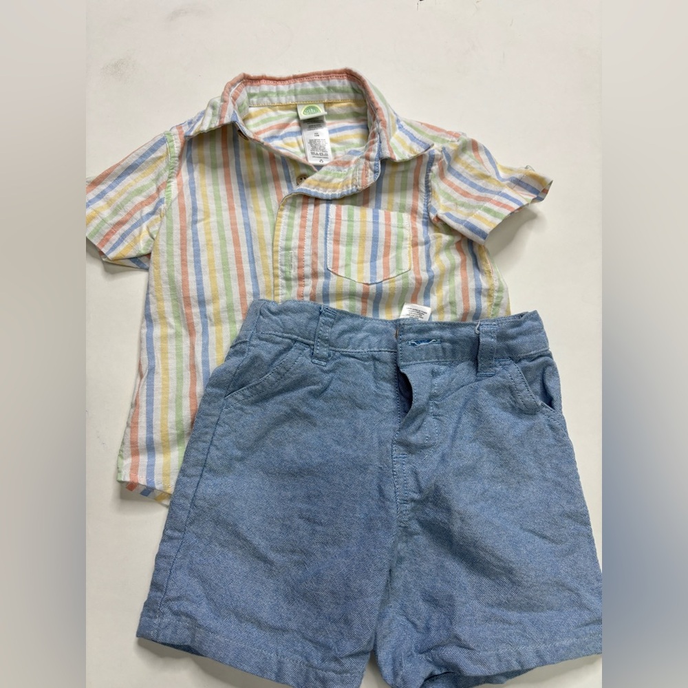 Baby Boy Little Me Multicolor Striped Shirt and Blue Shorts Set Size 12M